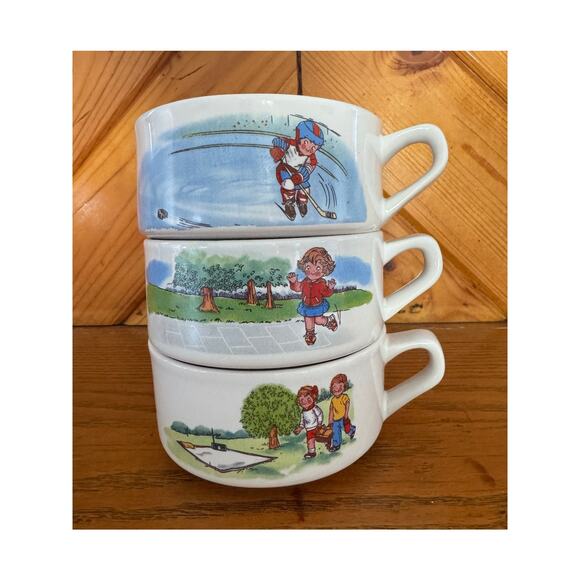 Campbell’s Other - Vintage Campbell’s Soup Kids Stackable Mug Bowl Set of 3 Cartoon Scene Hockey